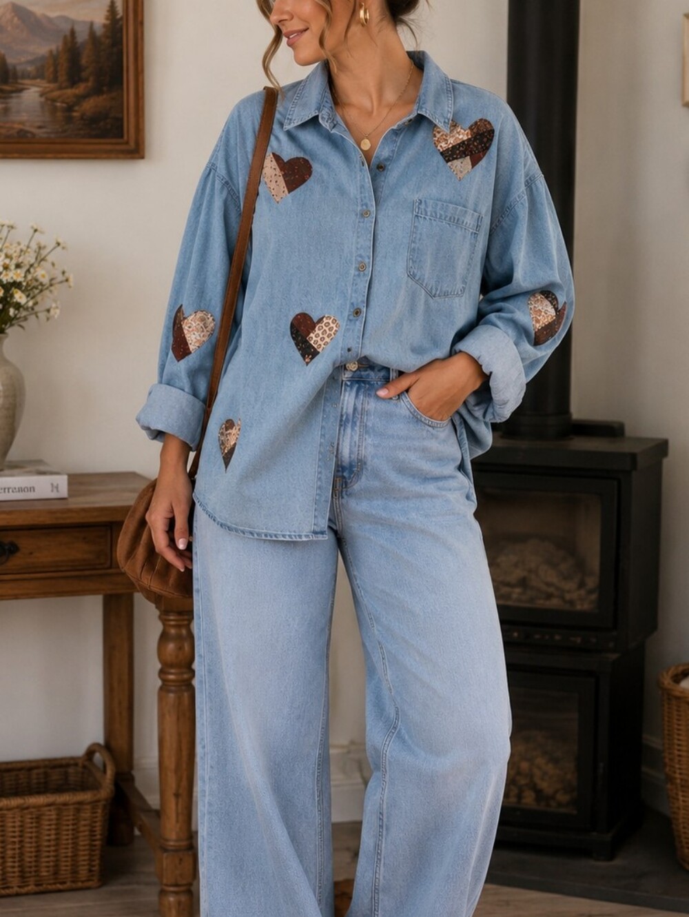Re Worked Denim Shirt With Patchwork Hearts